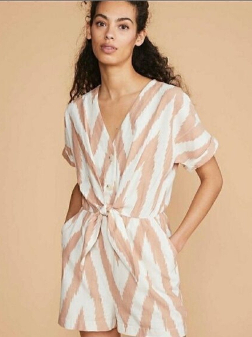 Lou & Grey Cream and Beige Striped Tie-Front Button Romper